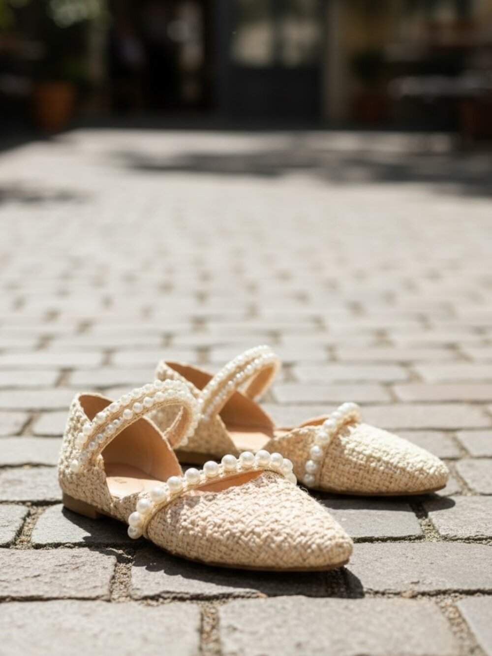 Woven Raffia Flats w/ Pearl Straps – Pointed Toe Cream Beige Chic